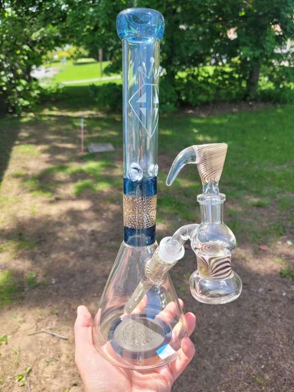 Augy Glass partially accented beaker with matching drycatcher, slide and downstem